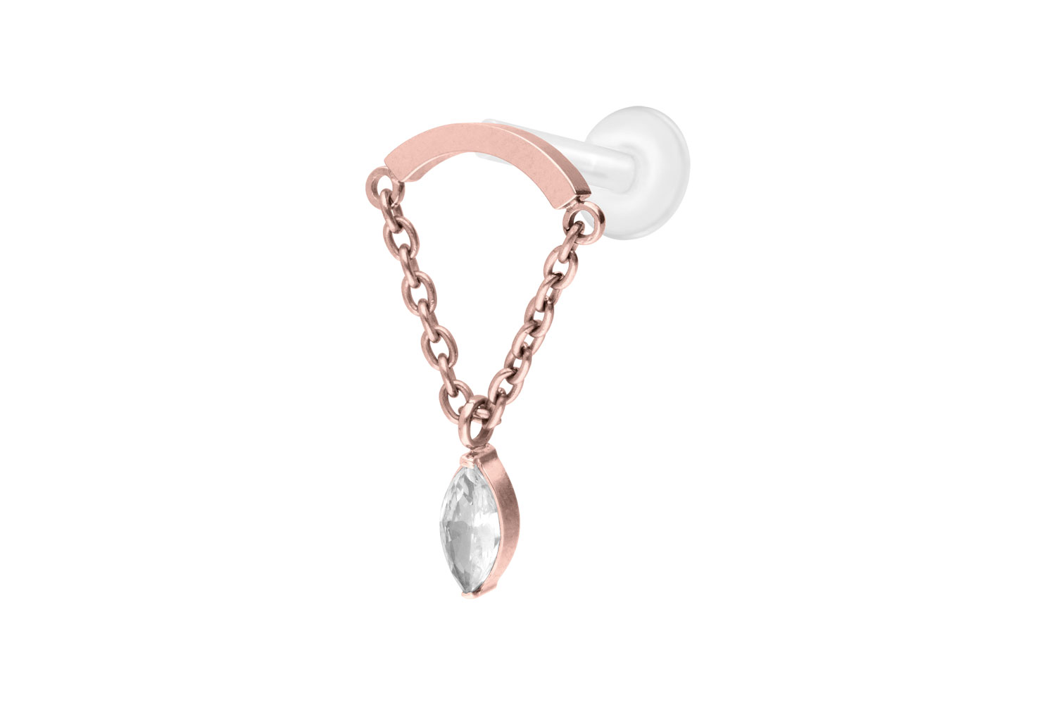 PTFE Labret Piercing mit Innengewinde + Titan-Aufsatz BOGEN + KETTE + KRISTALLTROPFEN